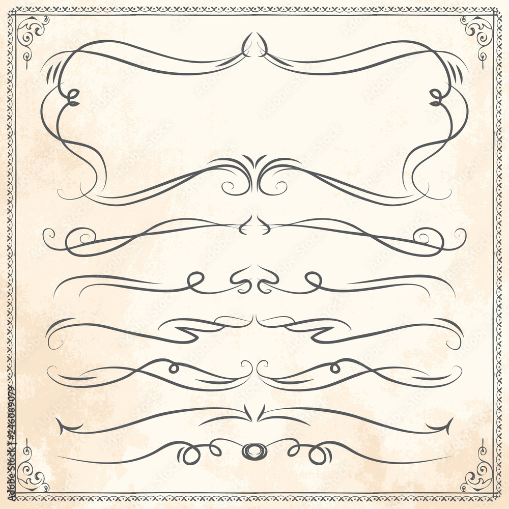 Obraz premium Vector hand drawn line border frame design elements set on old paper texture