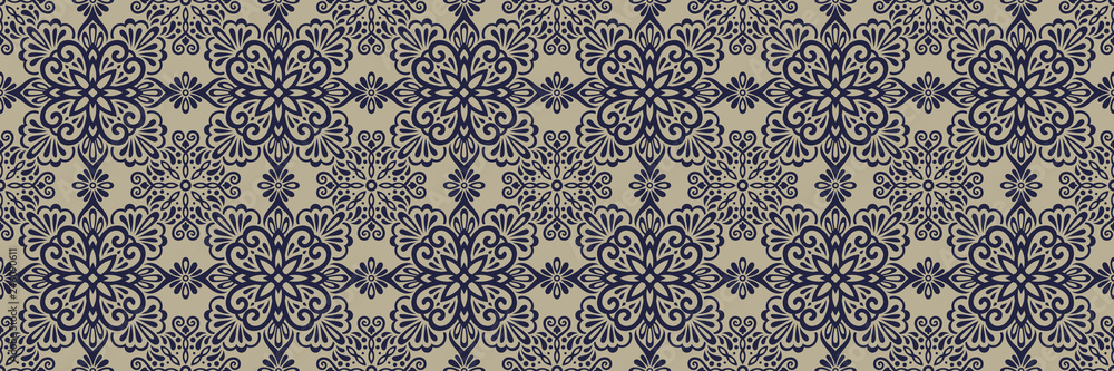 Ethnic style seamless pattern. Azulejo ceramic tile design. Zellige ornament. Talavera tracery motif. Portuguese, Spanish, Mexican, Brazilian folk print