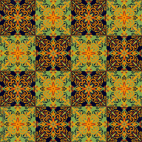 Ethnic style seamless pattern. Azulejo ceramic tile design. Zellige ornament. Talavera tracery motif. Portuguese  Spanish  Mexican  Brazilian folk print