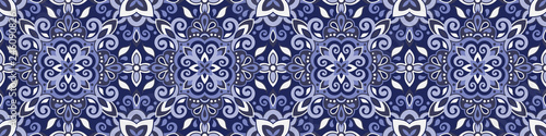 Ethnic style seamless pattern. Azulejo ceramic tile design. Zellige ornament. Talavera tracery motif. Portuguese, Spanish, Mexican, Brazilian folk print photo