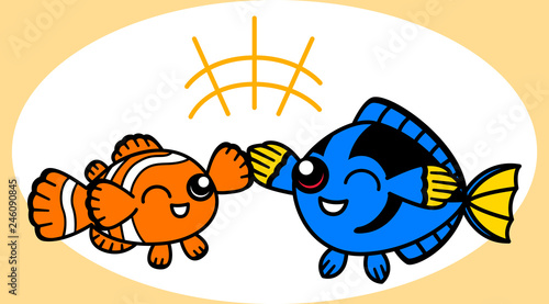 clown fish and blue tang
