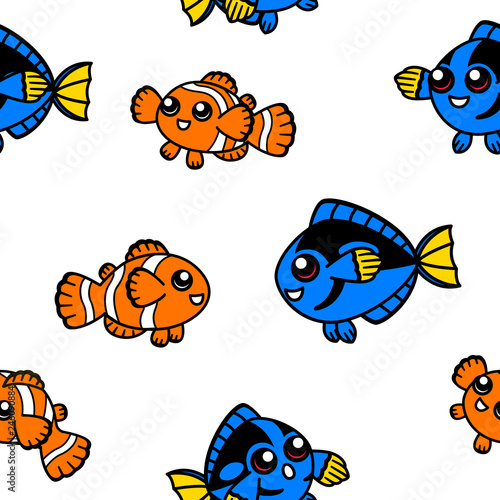 Billede på lærred Clown fish and blue tang seamless pattern