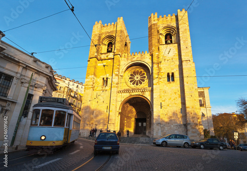 The Lisbon Cathedral or Se de Lisboa (1147) is a beautiful oldest church, a monument of architecture and tourist landmark in sunset light