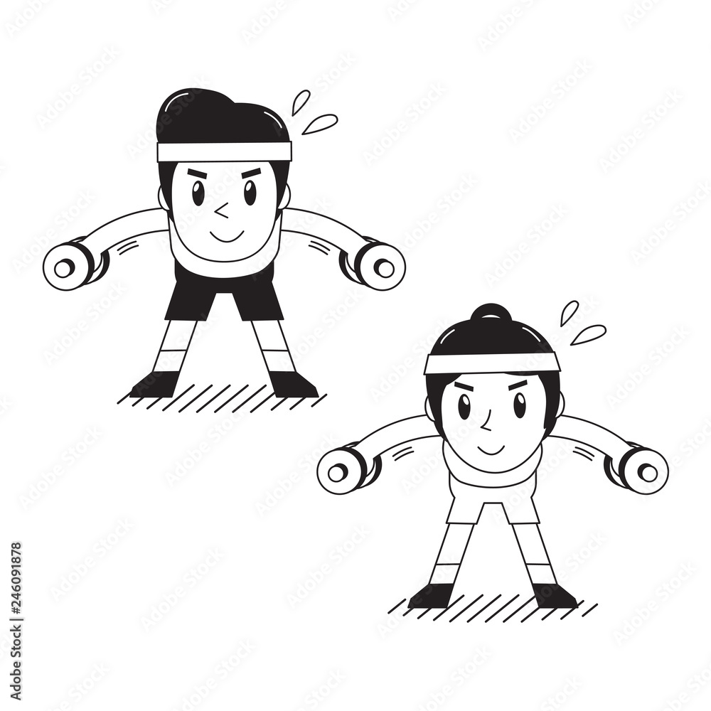 Cartoon man and woman doing dumbbell bent over lateral raise exercise for design.