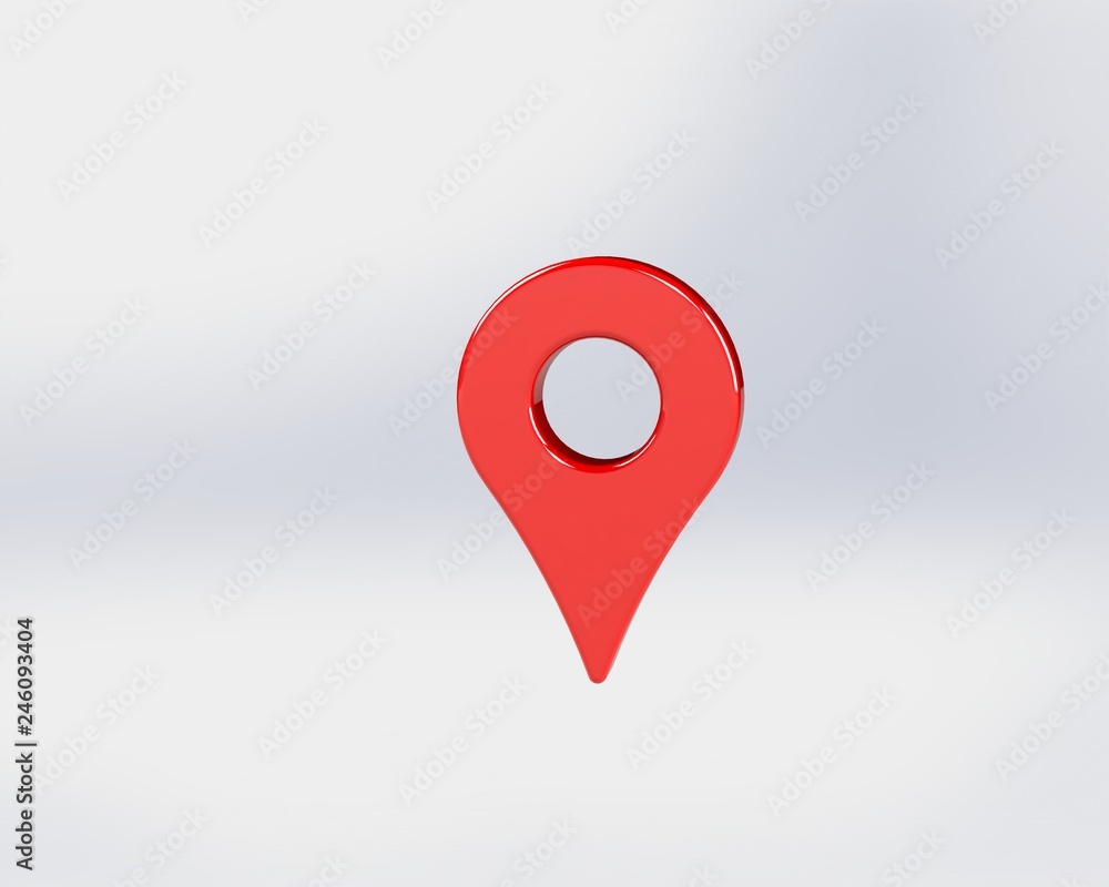 LOCATION pin glossy red arrow. The concept of tagging a sign landmark needle tip to create a route search. Isolated on white background 3D rendering 3D.