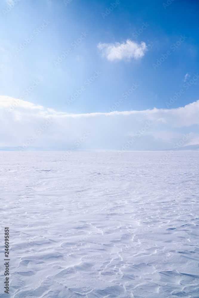 Field, covered with pure snow in the winter season in the background a blue sky