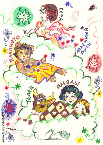 Allegorical image of the constellations according to ancient Greek mythology with inscriptions in Russian. Hera  Callisto  Milky Way  Taurus  Pleiades. Drawing with colored pencils for children.