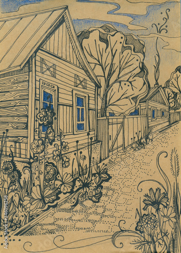 Country wooden house on village street with flowers and trees. Hand drawn picture.