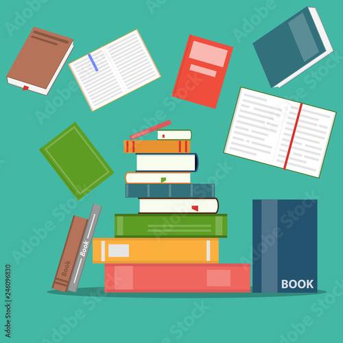 Books set in flat design style. Vector flat design illustration on reading with abstract pile of books. Books background concept for banners, posters, flyers.