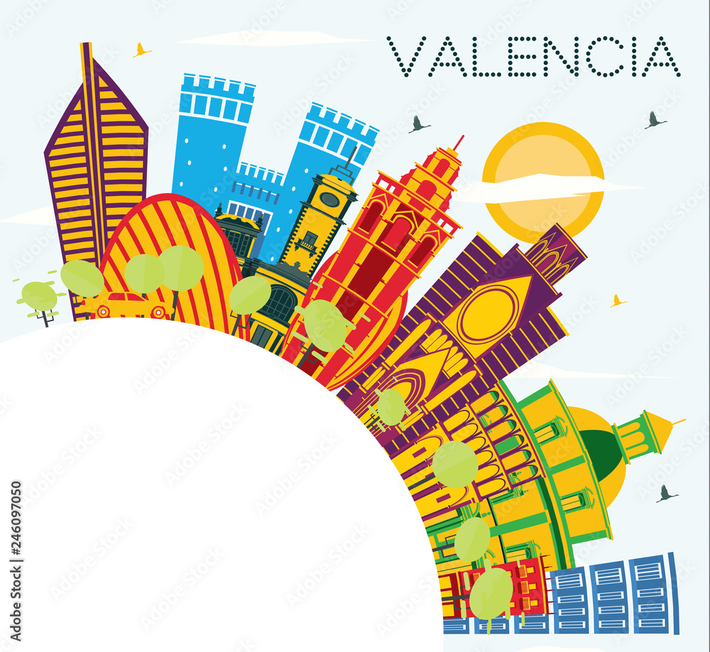 Valencia Spain City Skyline with Color Buildings, Blue Sky and Copy Space.