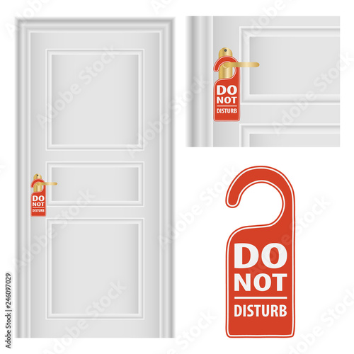 Door Hanger Tags for Room in Hotel or Resort. Vector Metal Door Handle Lock with Hanger Isolated on Background.