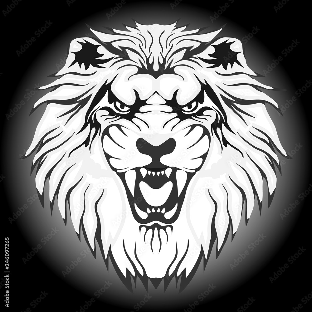 Lion, lion head with open mouth and teeth. Cartoon illustration of a