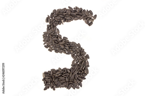 Numerals from black sunflower seeds isolated on white background.