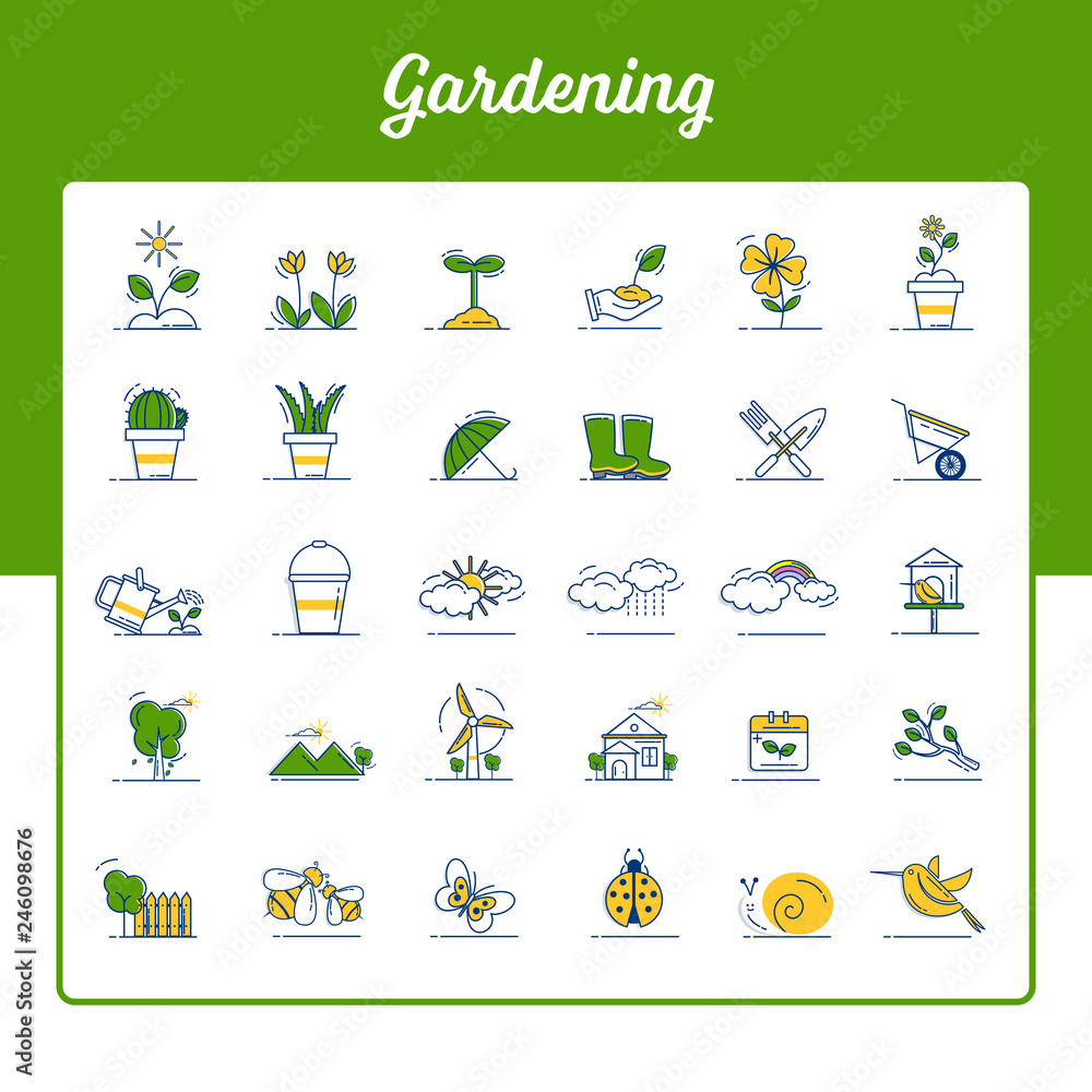 Gardening Icons Set - garden flower and spring icon set with Outline Filled Style Gardening Icons Set - garden flower and spring icon set with Outline Filled Style
