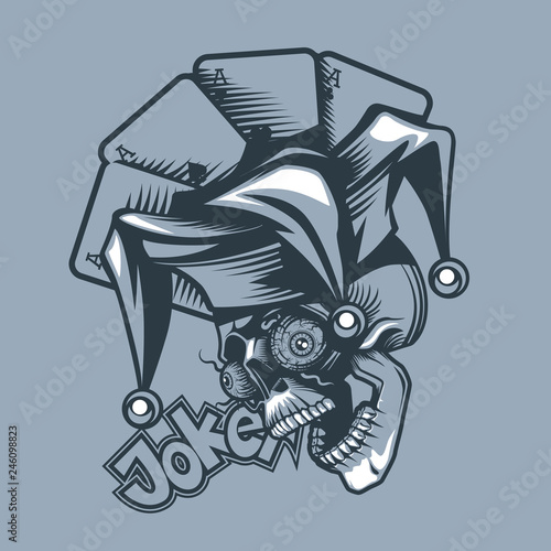 Skull joker on the background of playing cards. Tattoo style.
