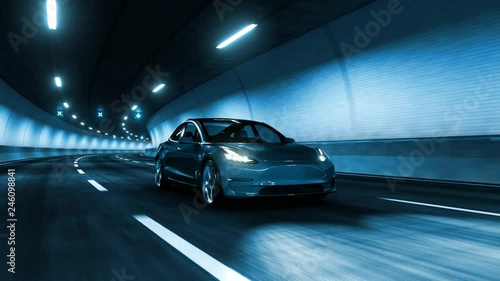Modern Electric car rides through tunnel with cold blue light style