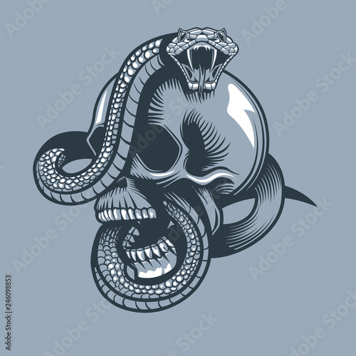 Snake enveloped skull with open mouth. Tattoo style.
