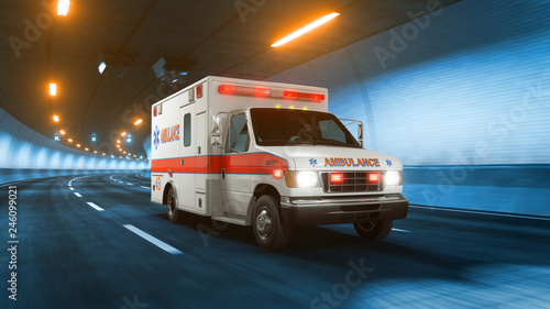 Ambulance car rides through tunnel warm yellow light 3d rendering