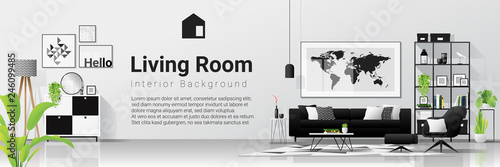 Interior background with living room in modern black and white scandinavian style , vector , illustration