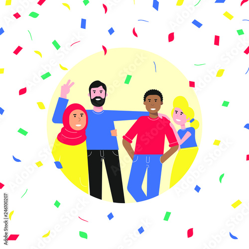 Happy friends from all around the world hugging, happy international friendship day flat style design character vector illustration isolated on white background. Diversity and no limits friendship.