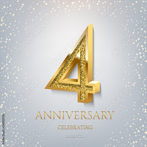 4th Anniversary Celebrating golden text and confetti on light blue background. Vector celebration 4 anniversary event template.