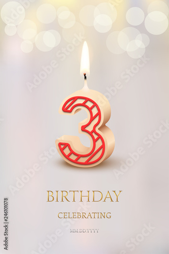 Burning number 3 birthday candle with birthday celebration text on light blurred background. Vector third birthday invitation template.