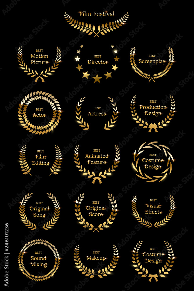 Golden shiny award laurel wreaths isolated on black background. Vector Film Awards design elements. Golden shiny award laurel wreaths isolated on black background. Vector Film Awards design elements.
