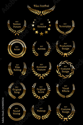 Golden shiny award laurel wreaths isolated on black background. Vector Film Awards design elements.