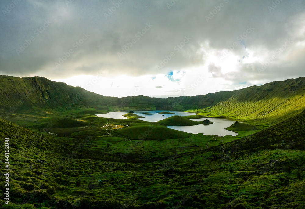 Landscape sunset view to Caldeirao crater, Corvo island, Azores,portugal