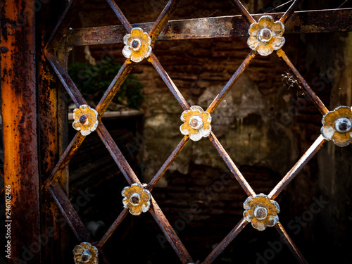 tarnished metal flower adorments and rusty bars