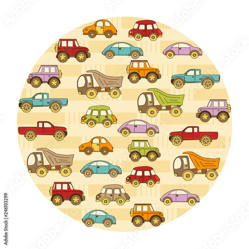 Seamless baby pattern with cars. Illustration with travel and adventure for kids. Children background for wallpaper, textile. Baby shower pattern or birthday greeting card. 