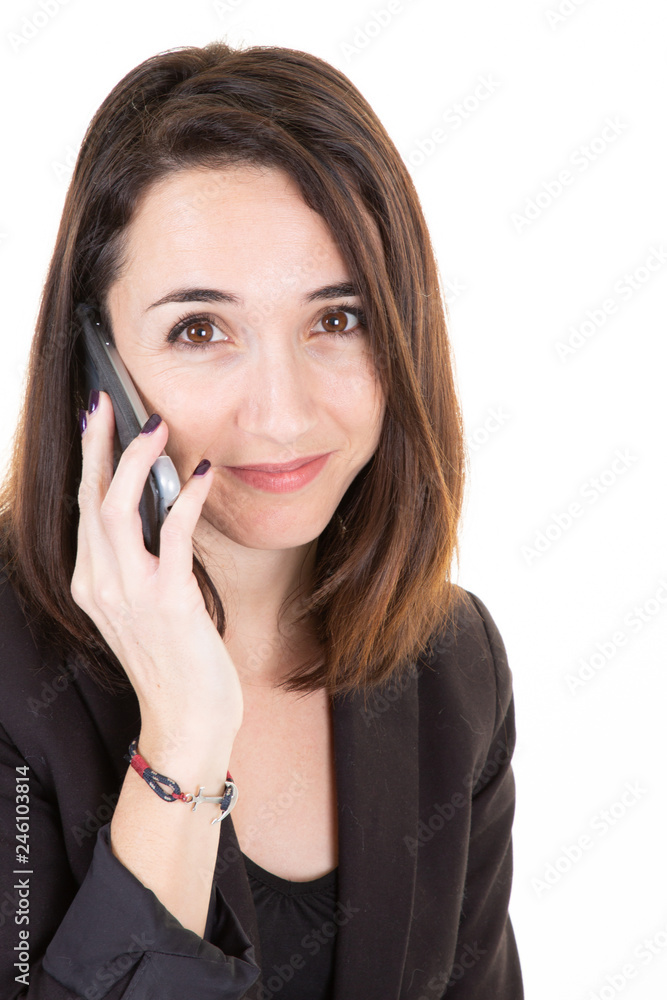 pretty business woman in phone communication under white background pretty business woman in phone communication under white background