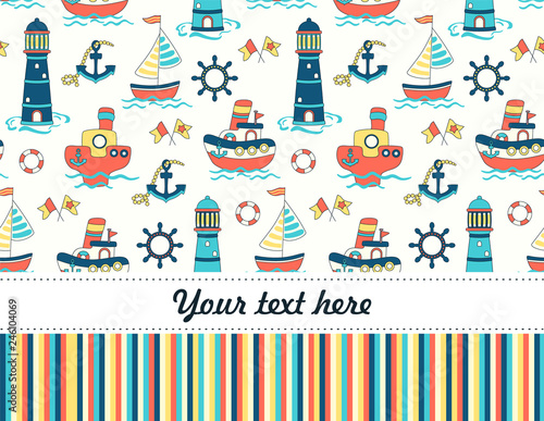 Seamless baby pattern with ships and ocean. Illustration with boats in the sea for kids. Children background for wallpaper, textile. Baby shower pattern or birthday greeting card. 