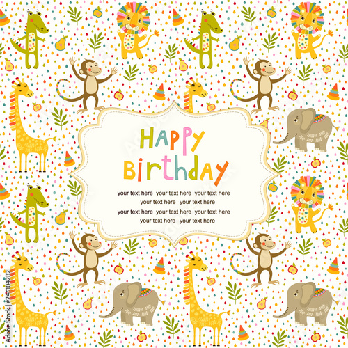 Seamless baby pattern with cute animals and toys. Illustration for kids. Children background for wallpaper, textile. Baby shower pattern or birthday greeting card. 
