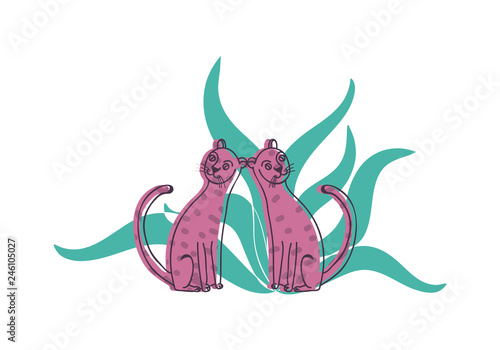 Photography Hand drawn vector design of two little pink leopards and big green tropical leaves
