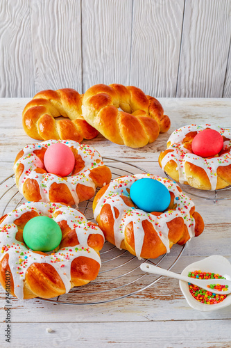 Photography Italian braided Easter Bread Rings, top view