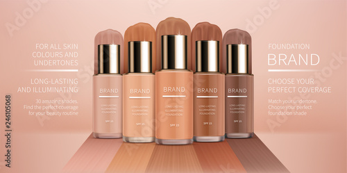 Cosmetic realistic vector ads banner with premium foundation for perfect makeup, decorative cosmetics. Colorstay foundation of various shades on background of tone smear texture, for magazine, catalog