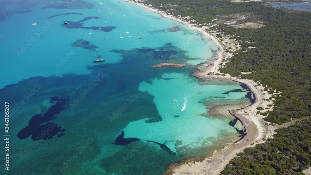 Amazing drone aerial landscape of the charming beach Es Trencs. It has earned the reputation of Caribbean beach of Mallorca. Spain Amazing drone aerial landscape of the charming beach Es Trencs. It has earned the reputation of Caribbean beach of Mallorca. Spain