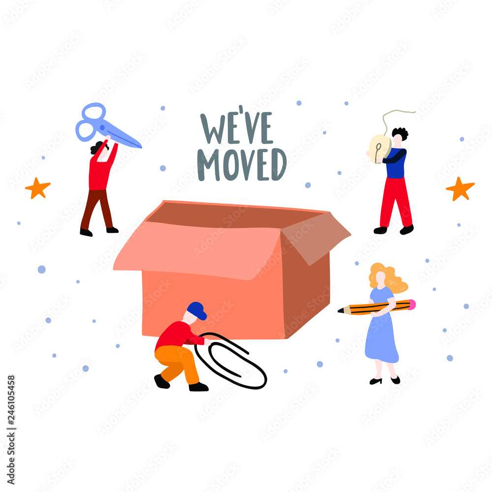 Fototapeta premium We've moved concept. Tiny people gather office stuff to the box. Hand drawn vector lettering illustration.