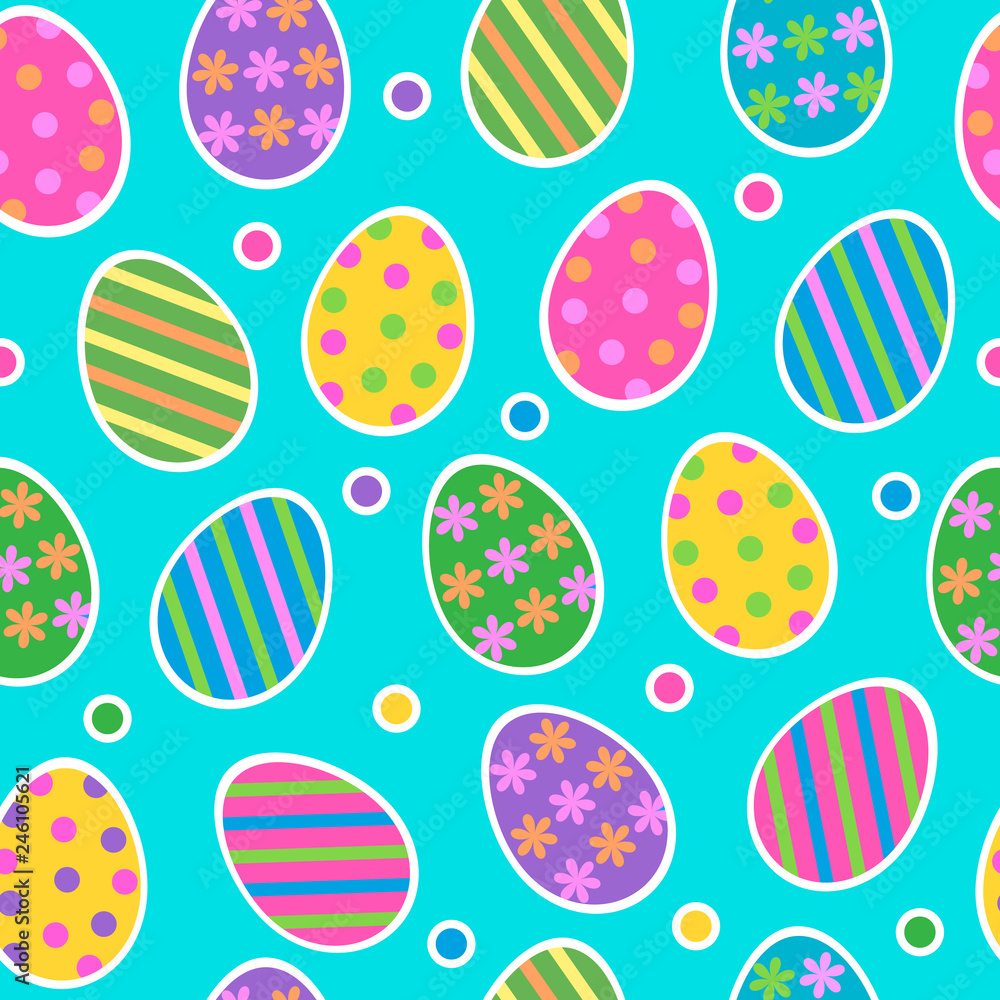 Easter egg seamless pattern vector background with cute colourful painted striped easter eggs stickers with dots on light blue background Easter egg seamless pattern vector background with cute colourful painted striped easter eggs stickers with dots on light blue background