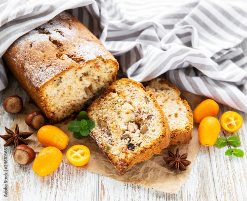 traditional homemade stollen with dried fruits and nuts