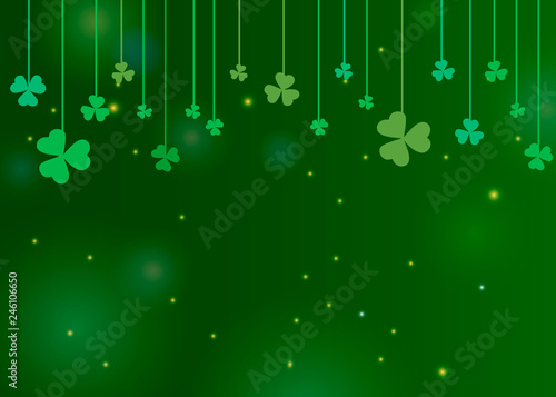 Clover shamrock leaves hung on strings on dark green background. Abstract St. Patrick's day border background with place for your text for your greeting cards design or poster. Vector illustration
