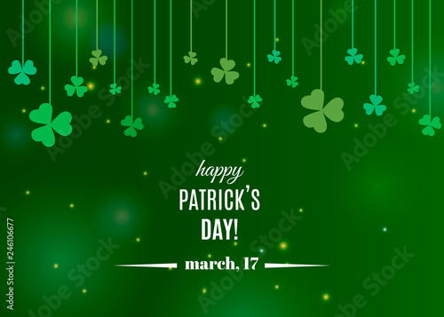 Beautiful clover shamrock leaves banner template for St. Patrick's day design or greeting card. Vector illustration with white lettering logo and clover on strings on green background
