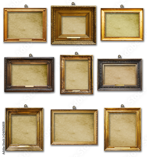 Set of three vintage golden baroque wooden frames on isolated background