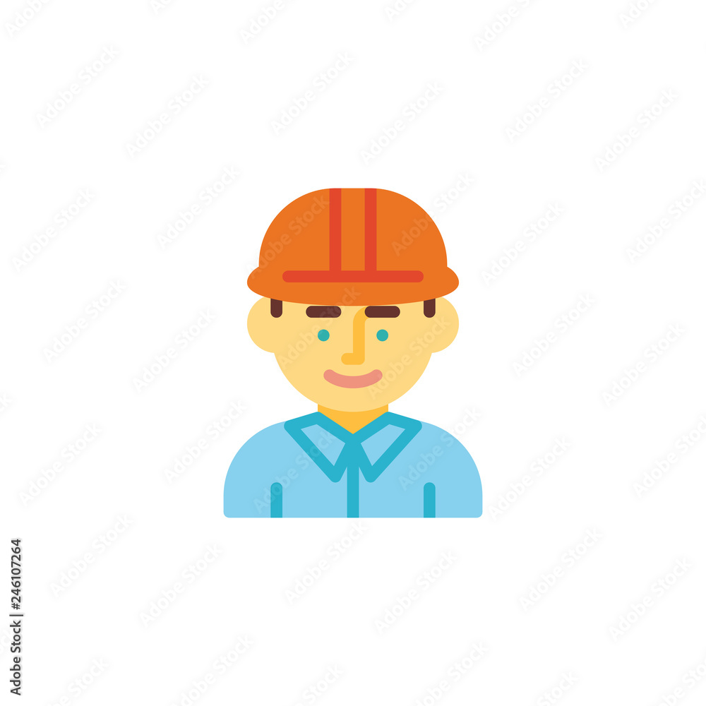 Engineer man with hard hat flat icon, vector sign, colorful pictogram isolated on white. Man construction worker character symbol, logo illustration. Flat style design Engineer man with hard hat flat icon, vector sign, colorful pictogram isolated on white. Man construction worker character symbol, logo illustration. Flat style design