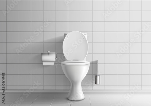 Modern toilet room interior 3d realistic vector mockup with tiled walls and floor, classic white ceramic toilet bowl with water tank and opened seat lid, paper and brush in metal holders illustration photo