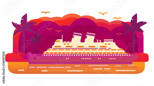 Wallpaper Mural Cruise ship old retro.Passenger ocean liner. Tropical island of a palm tree sunset. Sea voyage.Flat vector. Banner concept. Torontodigital.ca