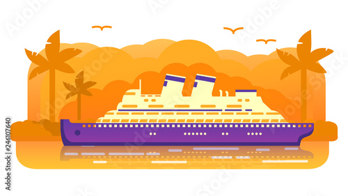 Cruise ship old retro.Summer marine travel .Passenger ocean liner, Tropical island of a palm tree sunset. Sea voyage.Flat vector. Banner concept.