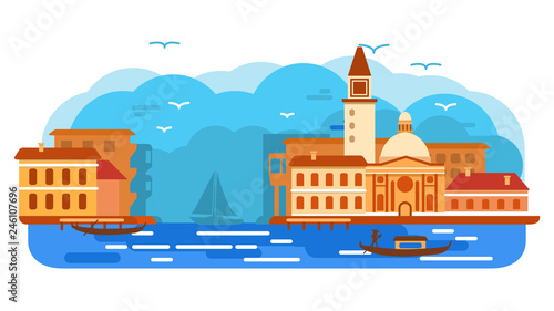 Venece city of Italy gondola .Sea landscape canal.Gondolier rowing oar.Architecture cityscape.Travel tourism flat vector.City skyline.
