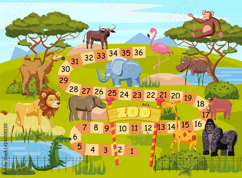 Zoo board game with numbers for children, lion, elephant, flamingo, buffalo, hippopotamus, crocodile, gorilla, camel, boar, vector, template, illustration, isolated